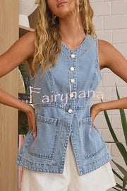 Fashionable Casual Slim Fit Button Pocket Denim Vest
