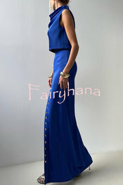 Solid Color Casual Sleeveless Crop Top and Elegant Button-down Maxi Skirt Set