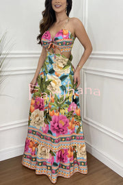 Mexico Style Tropical Print Ring Cutout Lace-up Vacation Maxi Dress