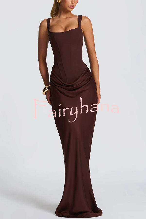 Larrah Square Neck Back Lace-up Satin Drape Hem Maxi Dress