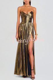 Goddess Temperament Metallic Pleated Fabric Off Shoulder Slit Maxi Dress