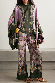 Satin Unique Print Loose Batwing Sleeve Top and Elastic Waist Pocket Casual Wide-leg Pants Set