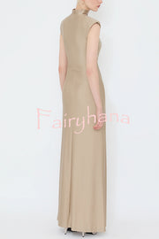 Genis Hollow Elastic Bust High Neck Sleeveless Gathered Maxi Dress