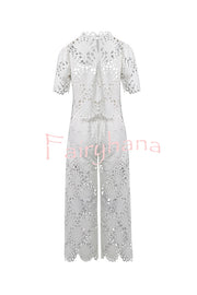 Eliose Scallop Cutout Embroidery Lace Elastic Waist Pocket Loose Pants