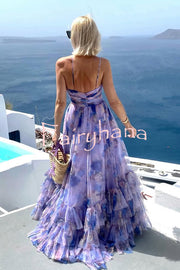 Dreamy Clouds Tulle Printed Rose Detail Cutout Ruffles Tiered Halter Maxi Dress