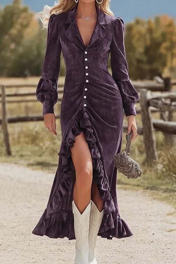 Elegant Long-sleeved Single-breasted Pleated Ruffle Midi Dress