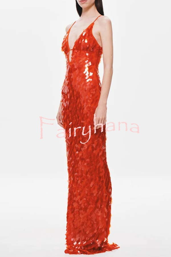 Reshape Beauty Fish Scale Sequin Cutout U-neck Slip Maxi Dress