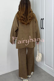 Solid Color Loose Long-sleeved Knit Top and Elastic Waist Casual Straight Leg Pants Set