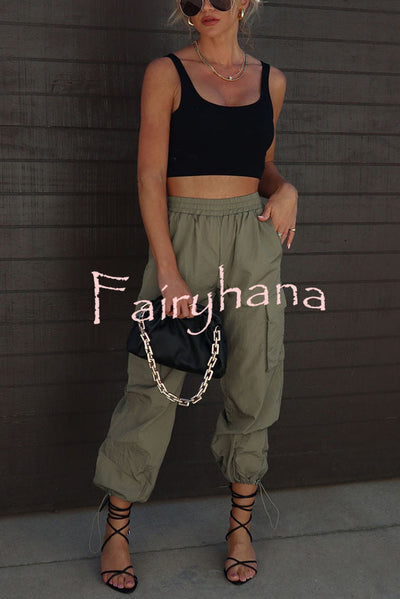 Let’s Rewind Nylon Elastic Waist Pocketed Cargo Pants