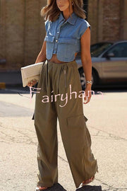 Great Week Pleated Elastic Waist Zipper Pocket Wide Leg Cargo Pants