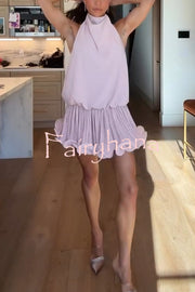 Ballerina Chic High Cowl Neck Pleated Wavy Ruffles Hem Backless Mini Dress