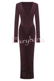 Sexy See-through Long-sleeved V-neck Pleated Slim-fit Maxi Dress