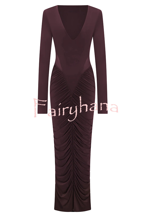 Sexy See-through Long-sleeved V-neck Pleated Slim-fit Maxi Dress