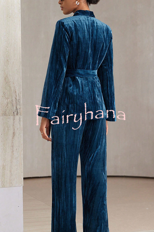 Solid Color Velvet Pleated Long-sleeved Tie Top and Casual Pocket Straight-leg Pants Set