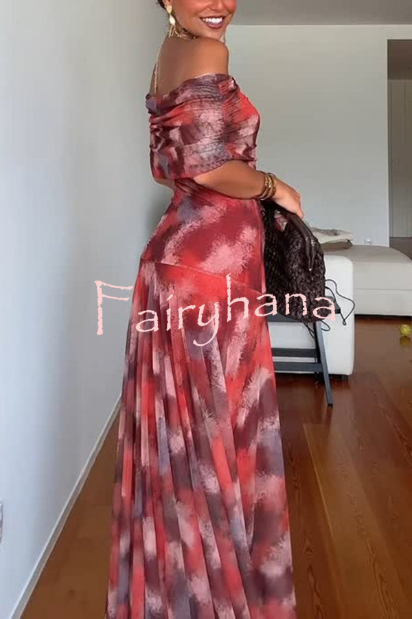 Unique Printed Off-the-shoulder Waisted Holiday Maxi Dress