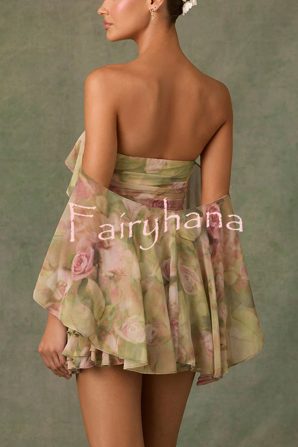 Chiffon Floral Print Elegant Multi-Layered Ruffle Mini Dress
