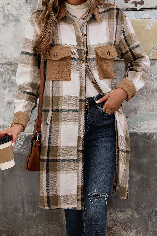 Retro Plaid Casual Long-sleeved Pocket Mid-length Coat