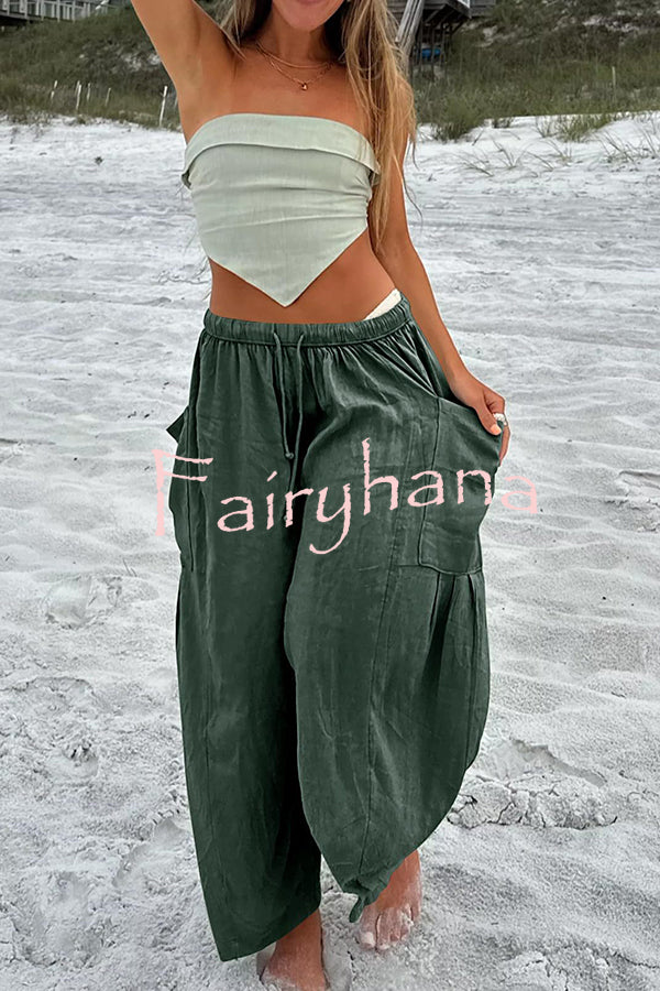 Diani Linen Blend Drawstring Waist Pocketed Loose Pants