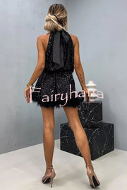 It's Time To Dance Sequin Feather Trim Halter Babydoll Mini Dress