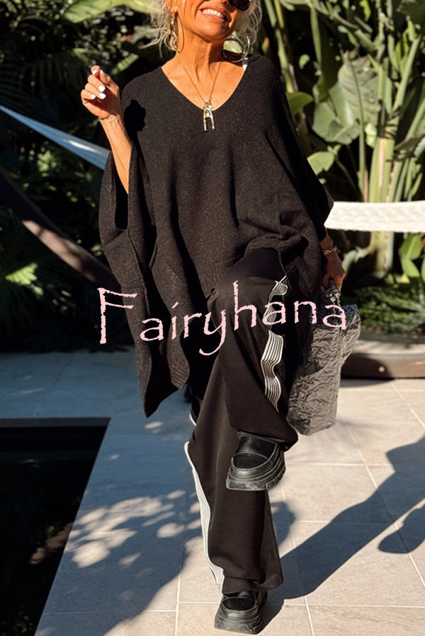 Fashion V-neck Loose Pocket Mid-length Knitted Sweater