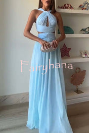 Graceful Modern Chiffon Twist Halter Neck Cutout Pleated Maxi Dress
