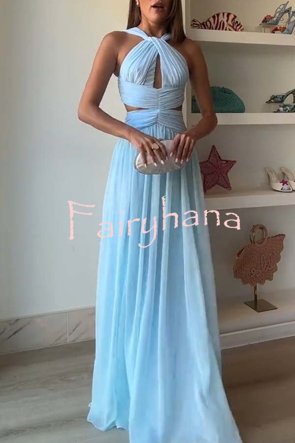 Graceful Modern Chiffon Twist Halter Neck Cutout Pleated Maxi Dress