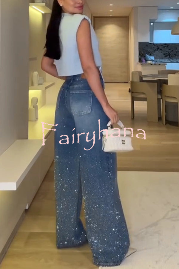 Fashion Star Rhinestone High Rise Casual Pocket Straight Loose Jeans
