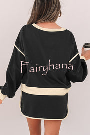 Fashion Round Neck Long Sleeve Spliced Casual Top and Elastic Waist Loose Shorts Set