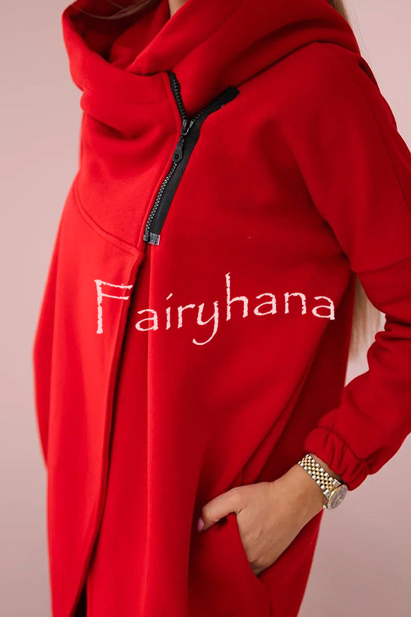 Solid Color Loose Hooded Zip-up Casual Sports Jacket