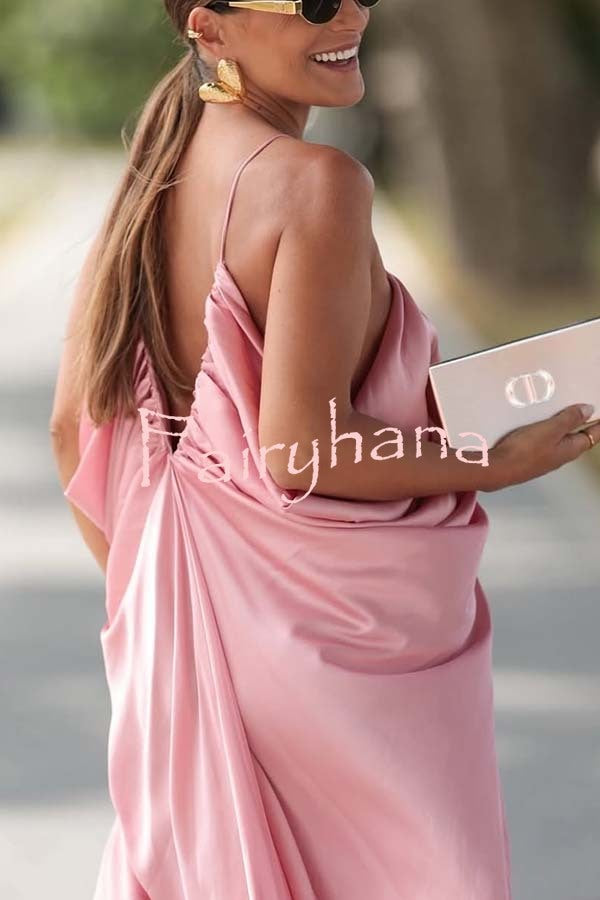 Venus Satin V-neck Draped Pleated Slip Loose Maxi Dress
