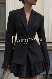 Solid Color Lace Panel Long Sleeve Button Elegant Blazer