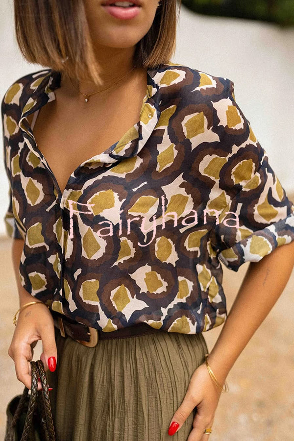 Unique Printed Lapel Button-down Loose Casual Shirt