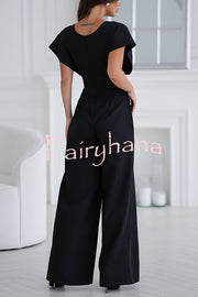 Solid Color V-neck Waist Casual Wide-leg Jumpsuit