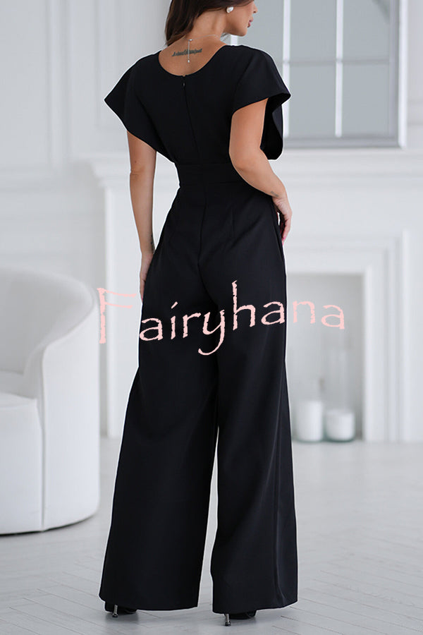 Solid Color V-neck Waist Casual Wide-leg Jumpsuit