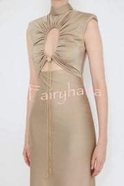 Genis Hollow Elastic Bust High Neck Sleeveless Gathered Maxi Dress