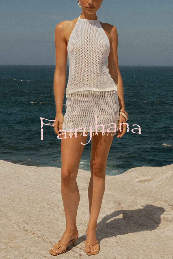 Fashion Knit Hollow Back Top and Embellished Fitted Stretch Beach Mini Skirt Set