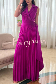 Solid Color Lapel Sleeveless Waist Tie Pleated Wide-leg Jumpsuit