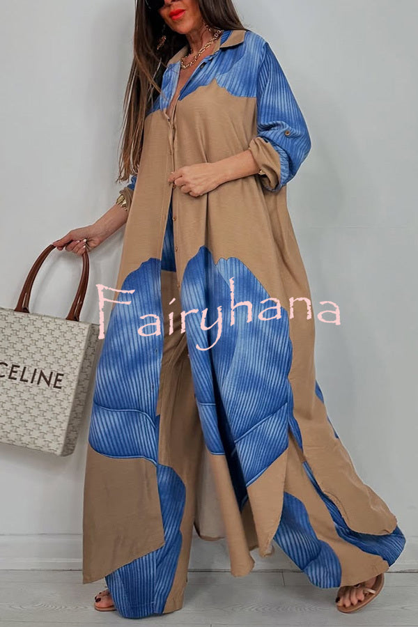 Unique Printed Casual Loose Long Shirt and Elastic Waist Pocket Wide Leg Pants Set