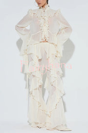 Fashionable Ruffled Elastic Waist Holiday Style Flared Pants