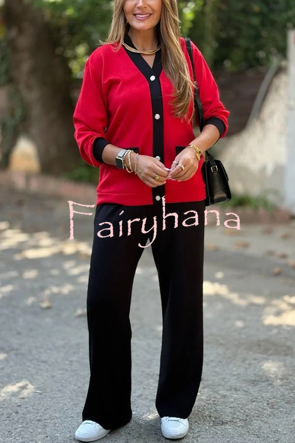 Stylish Color-blocked V-neck Knitted Button-down Cardigan and Elastic Waist Casual Wide-leg Pants Set