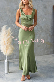 Chic Muse Satin Solid Color Cowl Neck Back Tie-up Maxi Dress