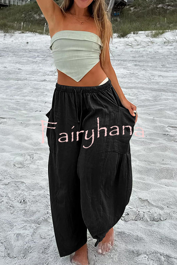Diani Linen Blend Drawstring Waist Pocketed Loose Pants