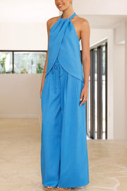 Gette Linen Blend Slit Front Top and High Rise Knoted Pocket Wide Leg Pants Set