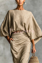 Linen Blend Batwing Sleeve Loose Top and Casual Pocket Maxi Skirt Set
