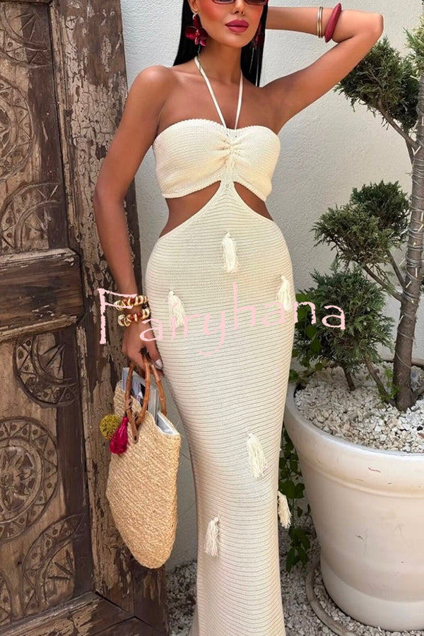 Fashion Halterneck Waist-baring Tassel-embellished Knitted Maxi Dress