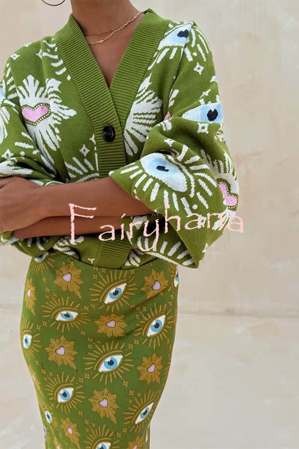 Mysterious Magic Knit Eye Heart Pattern Button Up Long Sleeve Loose Cardigan