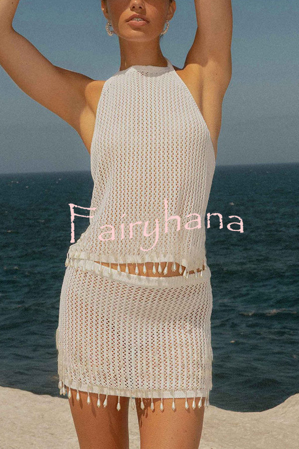 Fashion Knit Hollow Back Top and Embellished Fitted Stretch Beach Mini Skirt Set