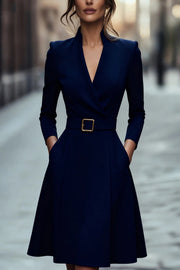Solid Color V-neck Fitted Waist Long Sleeve Elegant Midi Dress