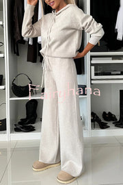 Solid Color Loose Hooded Tie Sweatshirt and Elastic Waist Casual Straight Pants Set