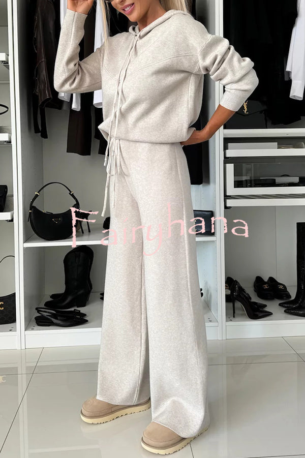 Solid Color Loose Hooded Tie Sweatshirt and Elastic Waist Casual Straight Pants Set